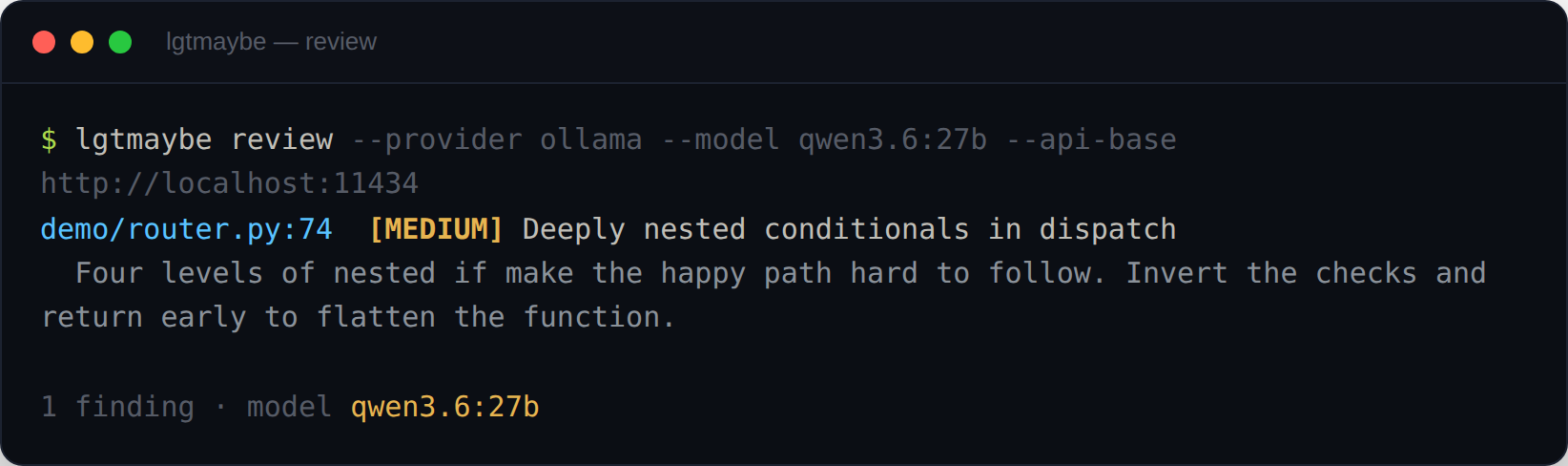 The lgtmaybe CLI printing a [MEDIUM] deep-nesting finding for demo/router.py