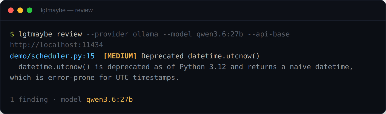 The lgtmaybe CLI printing a [MEDIUM] deprecated-API finding for demo/scheduler.py