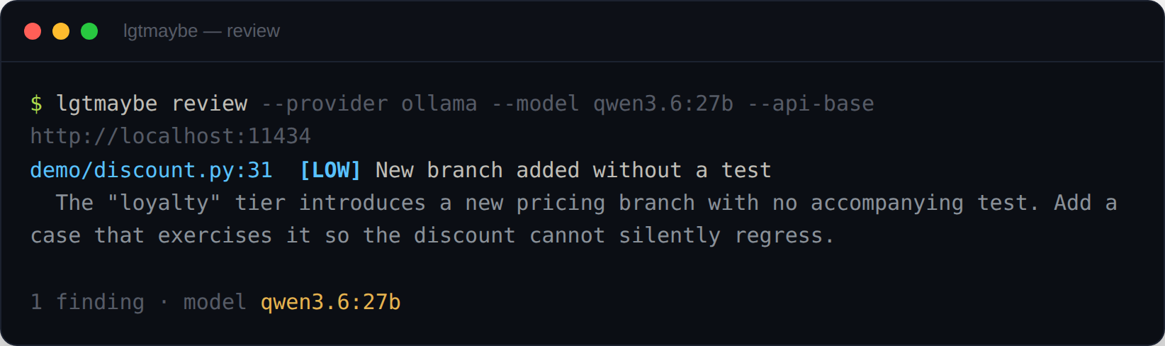 The lgtmaybe CLI printing a [LOW] missing-test finding for demo/discount.py