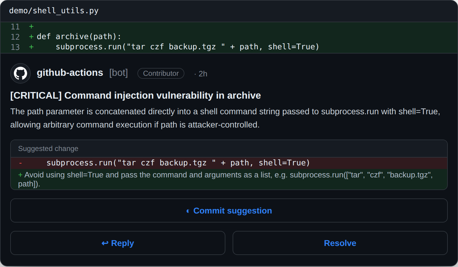 An inline lgtmaybe review comment flagging a [CRITICAL] command injection vulnerability in an archive function using subprocess with shell=True, with a suggested fix that avoids the shell
