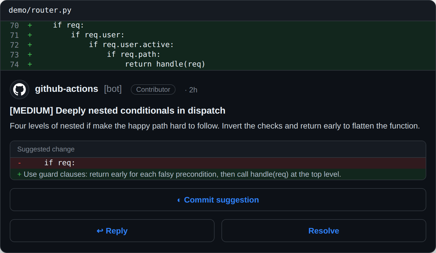 An inline lgtmaybe review comment flagging a [MEDIUM] deeply nested conditional and suggesting guard clauses
