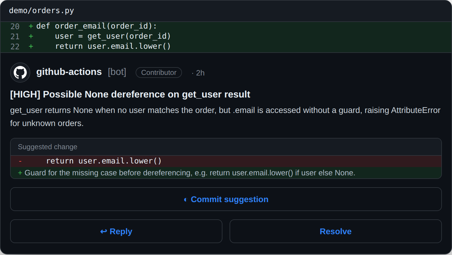 An inline lgtmaybe review comment flagging a [HIGH] possible None dereference, where get_user can return None but .email is accessed without a guard