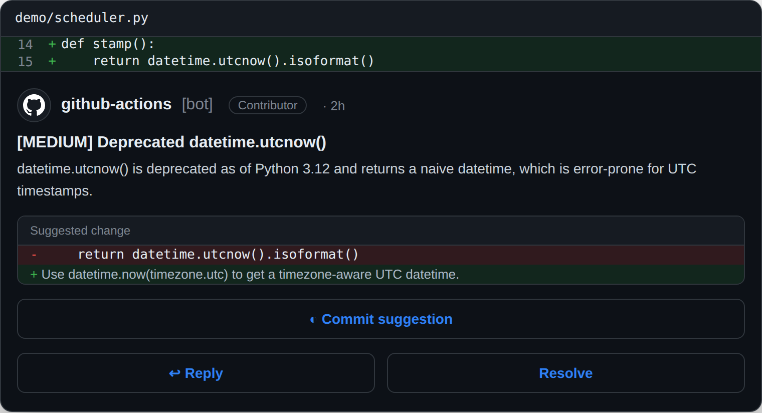 An inline lgtmaybe review comment flagging a [MEDIUM] deprecated datetime.utcnow() call and suggesting datetime.now(timezone.utc)
