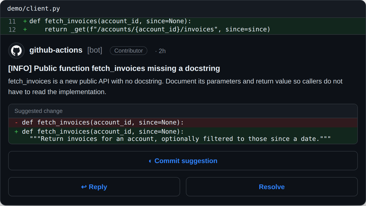 An inline lgtmaybe review comment flagging an [INFO] public function missing a docstring, with a suggested docstring