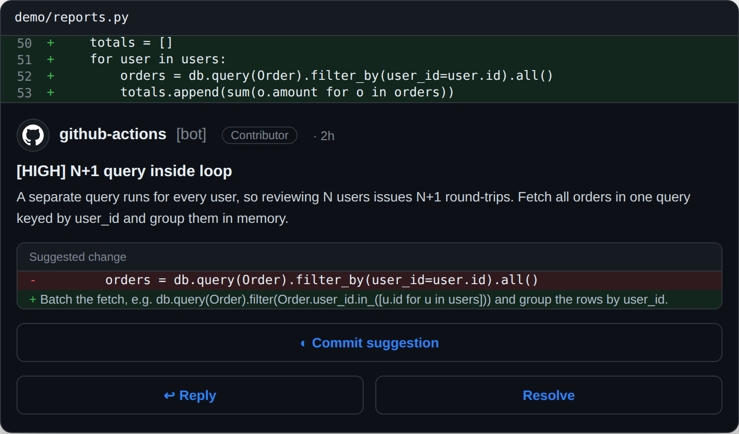 An inline lgtmaybe review comment flagging a [HIGH] N+1 query inside a loop, suggesting a single batched query