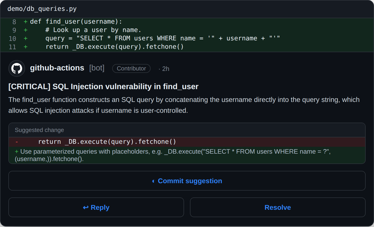 An inline lgtmaybe review comment flagging a [CRITICAL] SQL injection vulnerability in a find_user function, explaining the unsafe string concatenation and suggesting a parameterized query