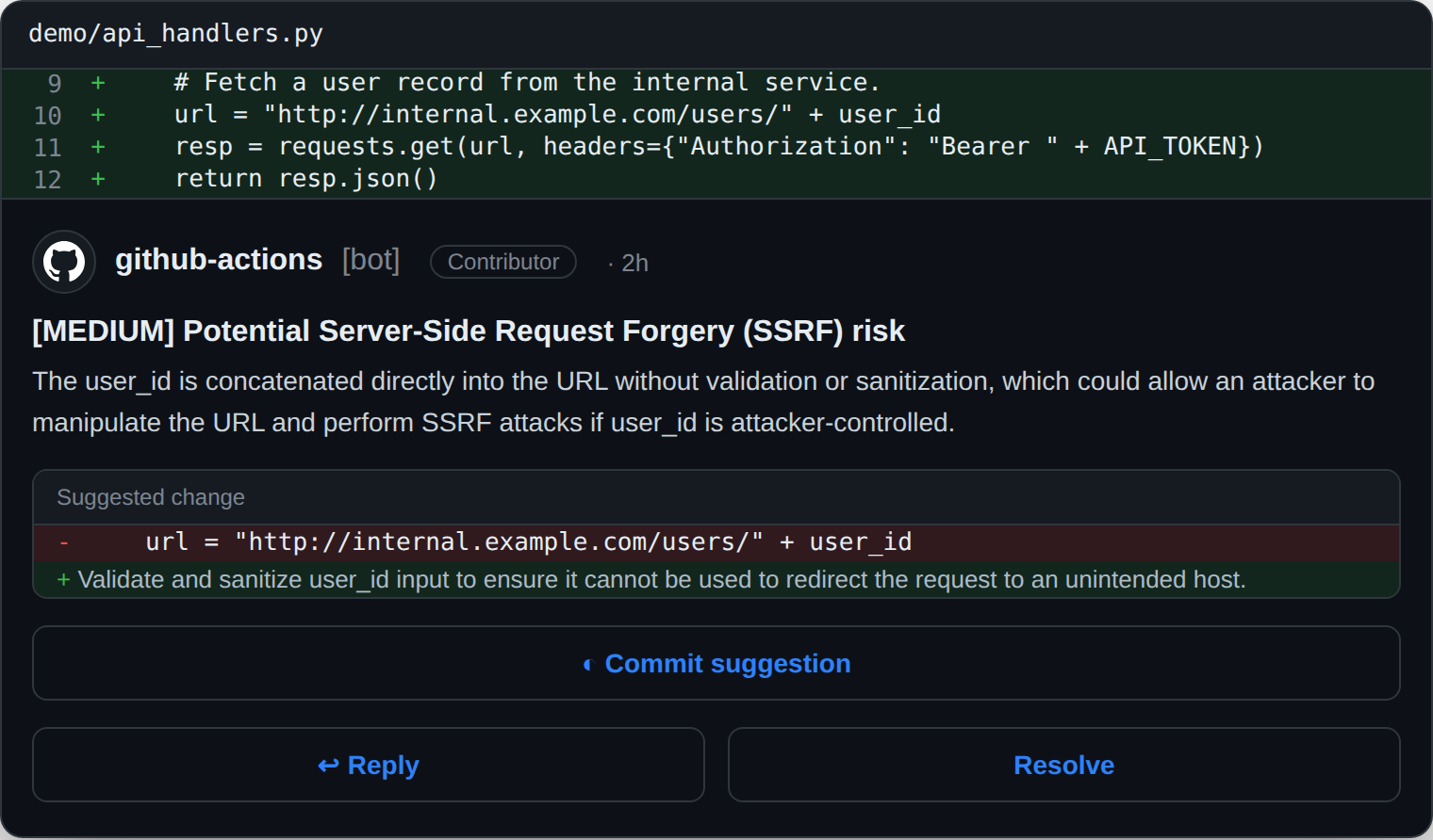 An inline lgtmaybe review comment flagging a [MEDIUM] server-side request forgery (SSRF) risk where a user_id is concatenated into a URL, with a suggested validation fix