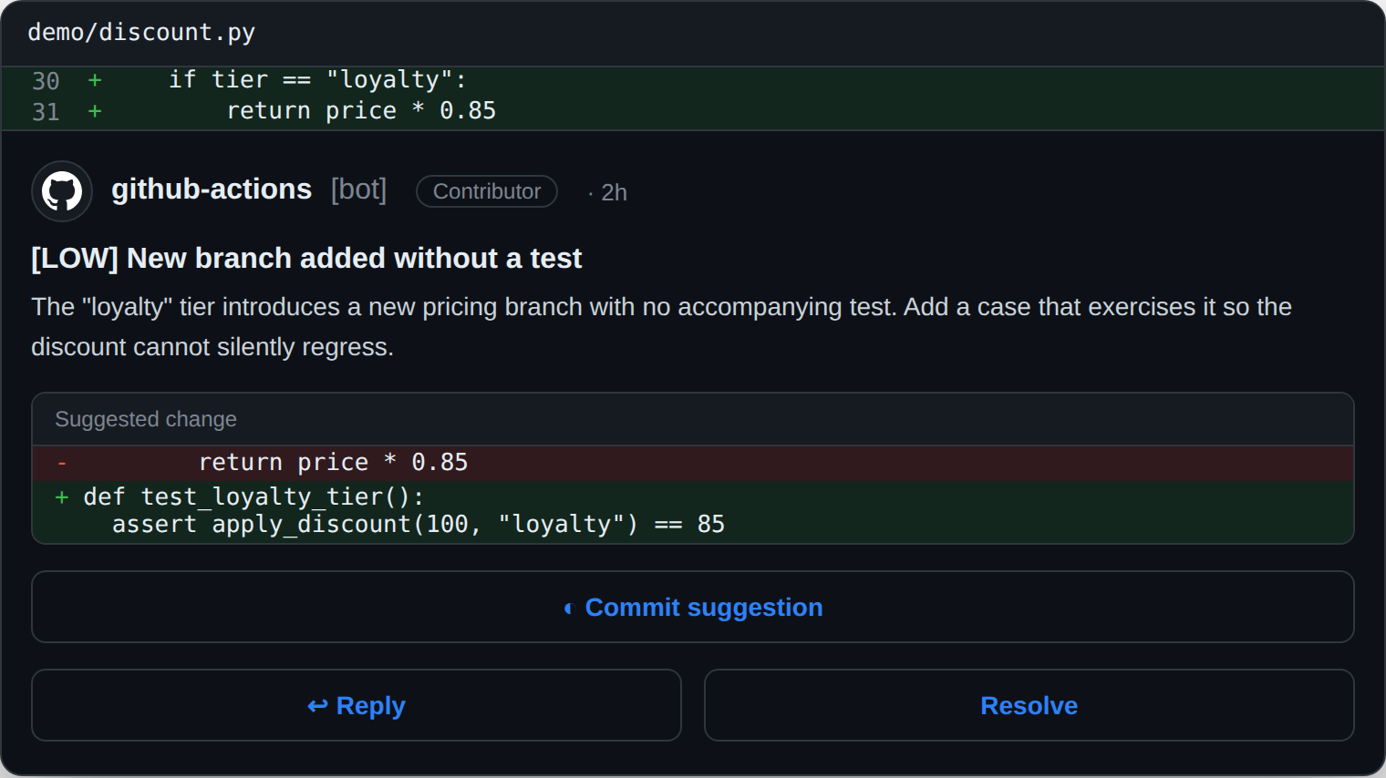 An inline lgtmaybe review comment flagging a [LOW] new branch added without a test, with a runnable pytest suggestion